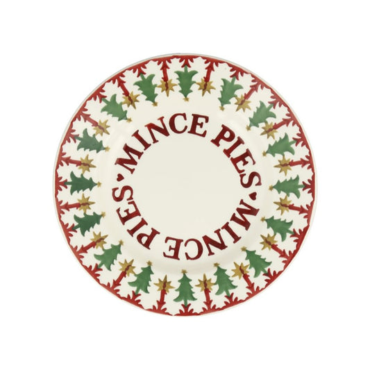 Round plate with 'Mince Pies' text and Christmas tree design on a white background