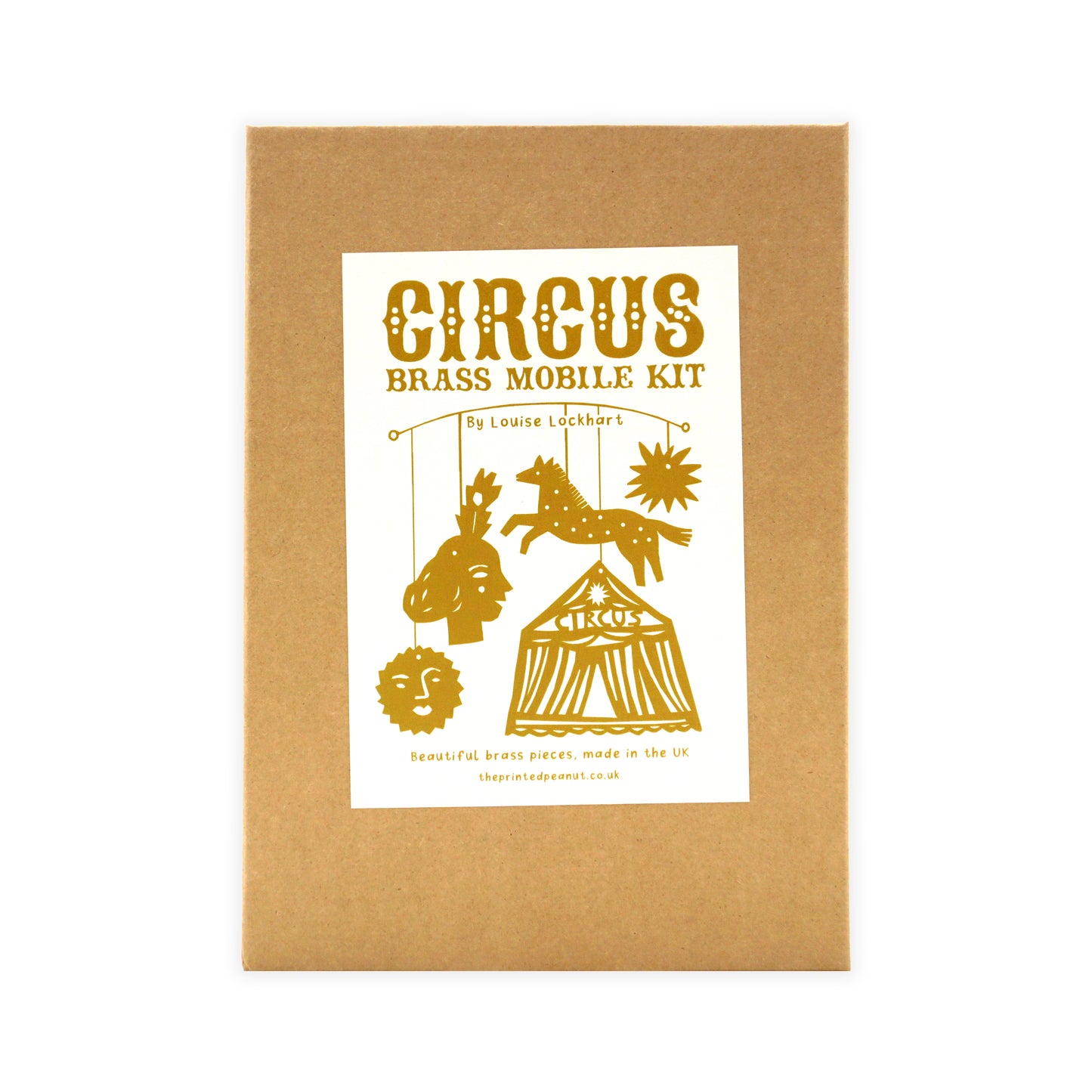 Circus brass mobile kit packaging with illustrations on a white background