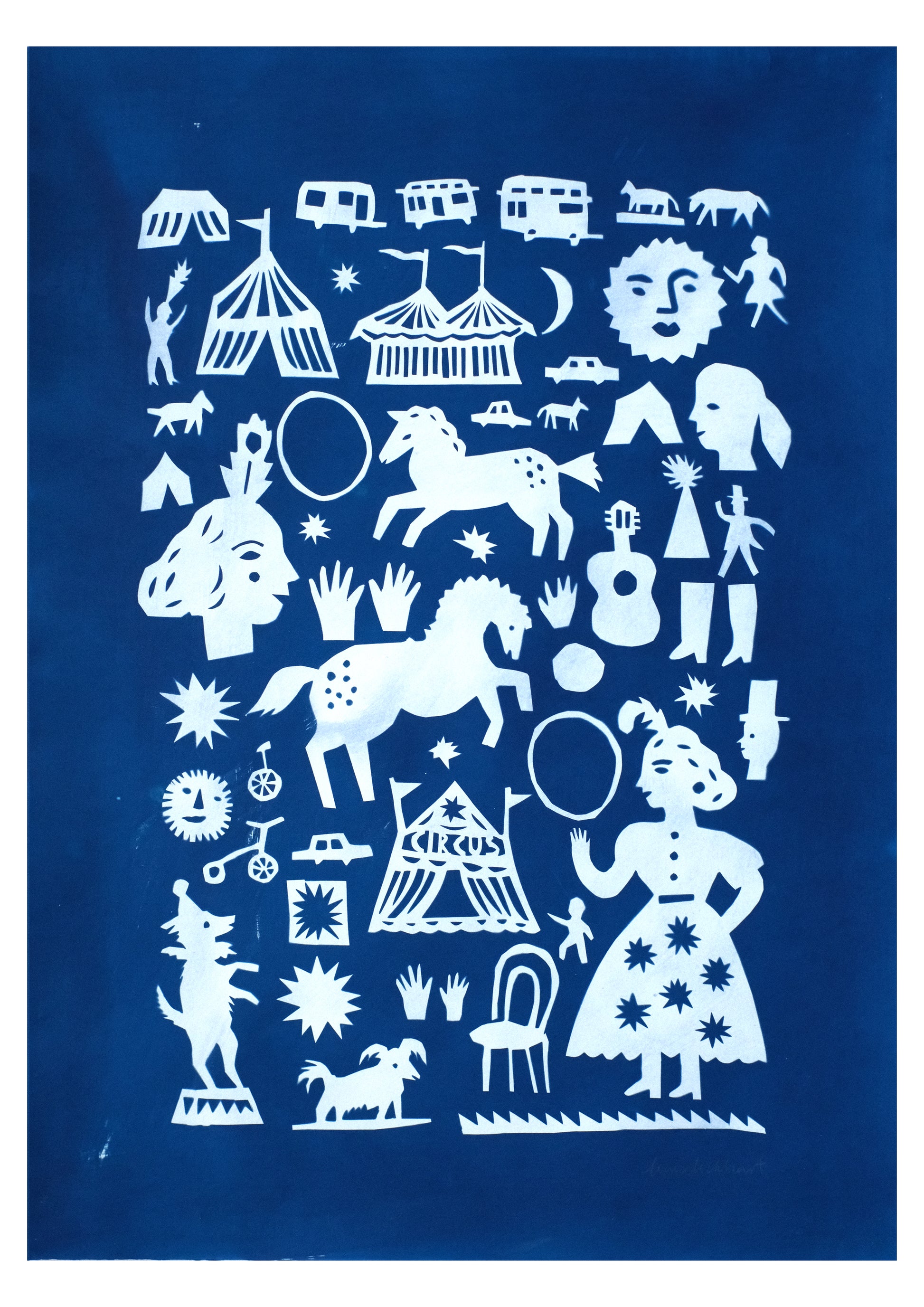 A blue background features a collage of white silhouettes, including a circus tent, horses, a guitar, various faces, and whimsical figures. The design is playful and artistic, showcasing a variety of shapes and motifs in a folk art style.