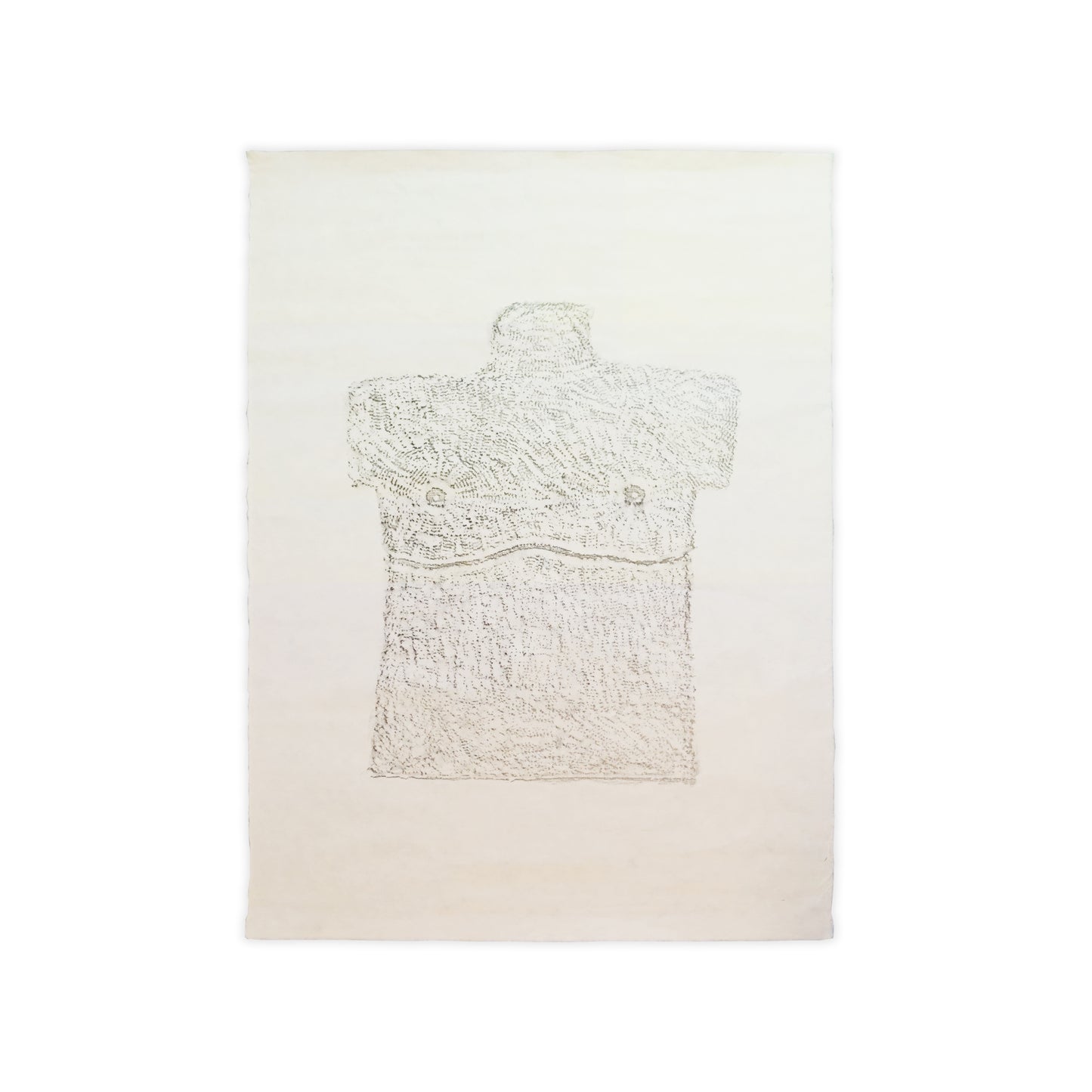 A rubbing of a stone sculpture in the shape of a torso and grave stone, with surgery scars showing.