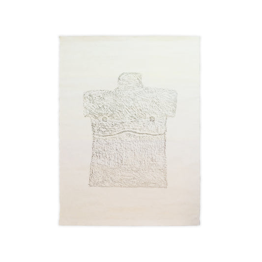 A rubbing of a stone sculpture in the shape of a torso and grave stone, with surgery scars showing.