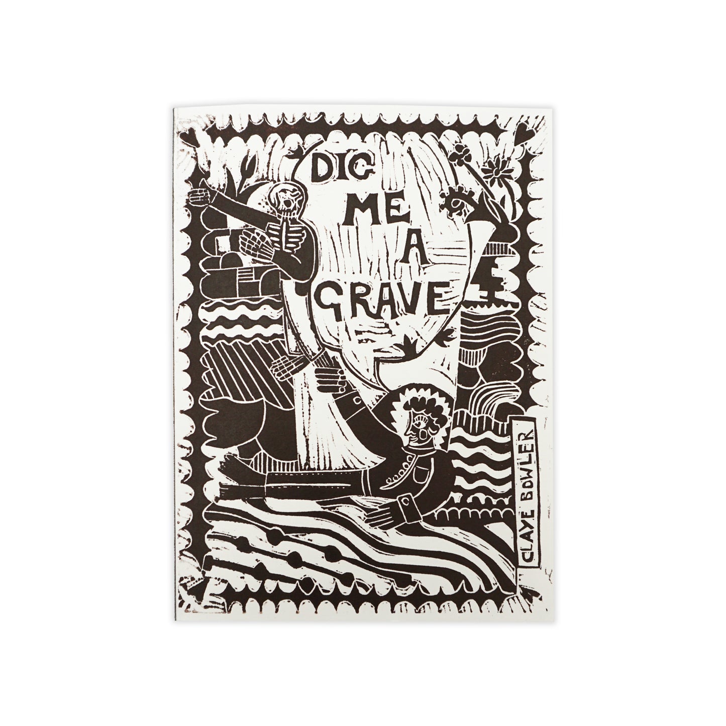 Cover of a handmade book featuring a black and white illustrative cover with text 'Dig Me a Grave' on a white background