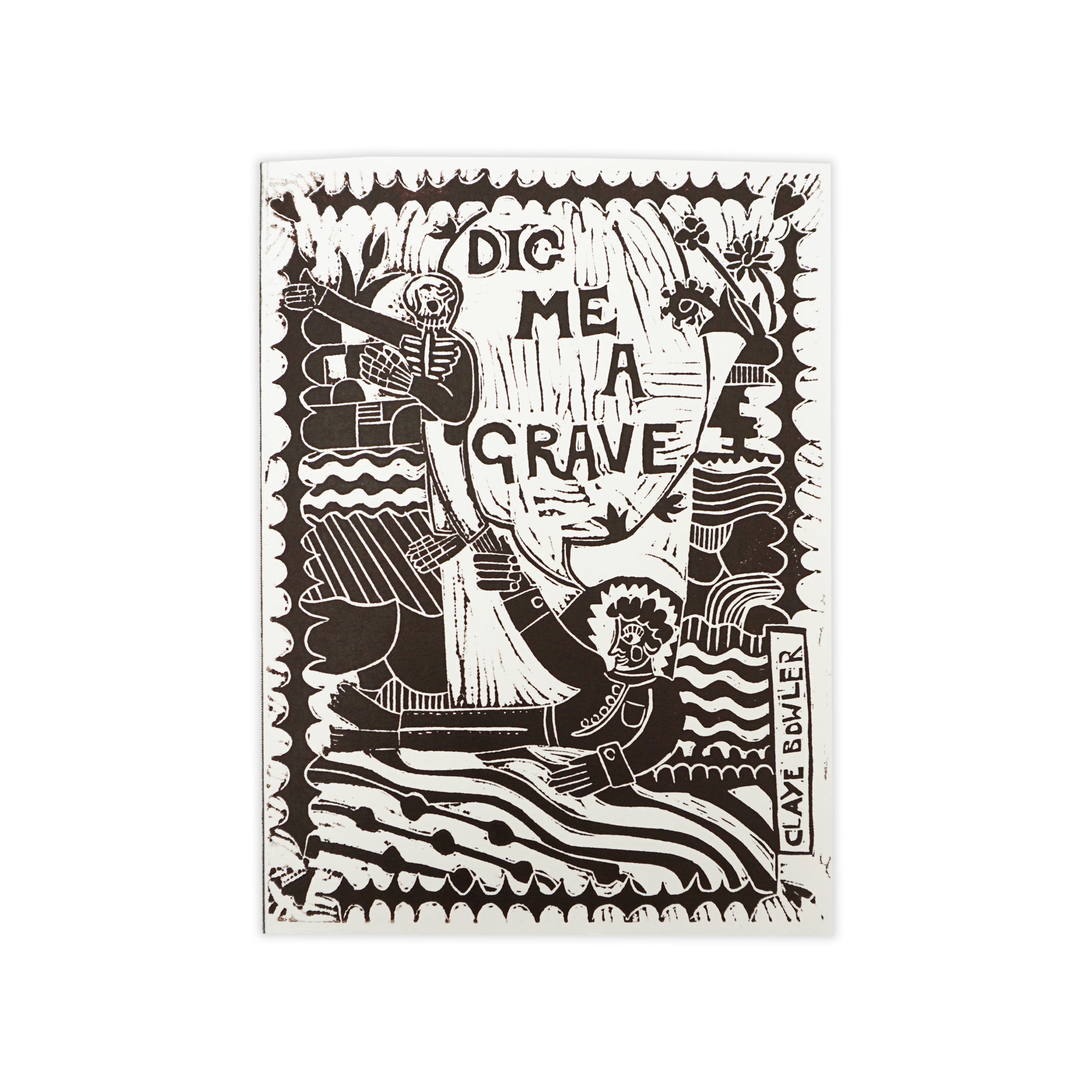 Cover of a handmade book featuring a black and white illustrative cover with text 'Dig Me a Grave' on a white background