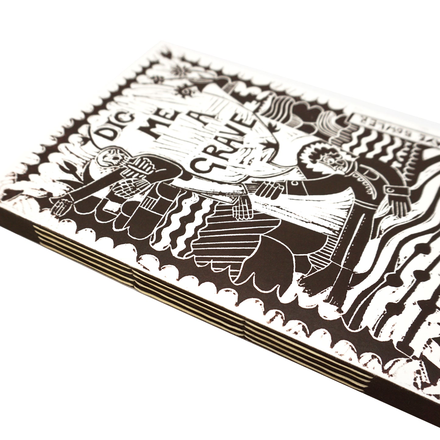 Cover of a handmade book with black and white design and text on a white background. The books spine is hand sewn.