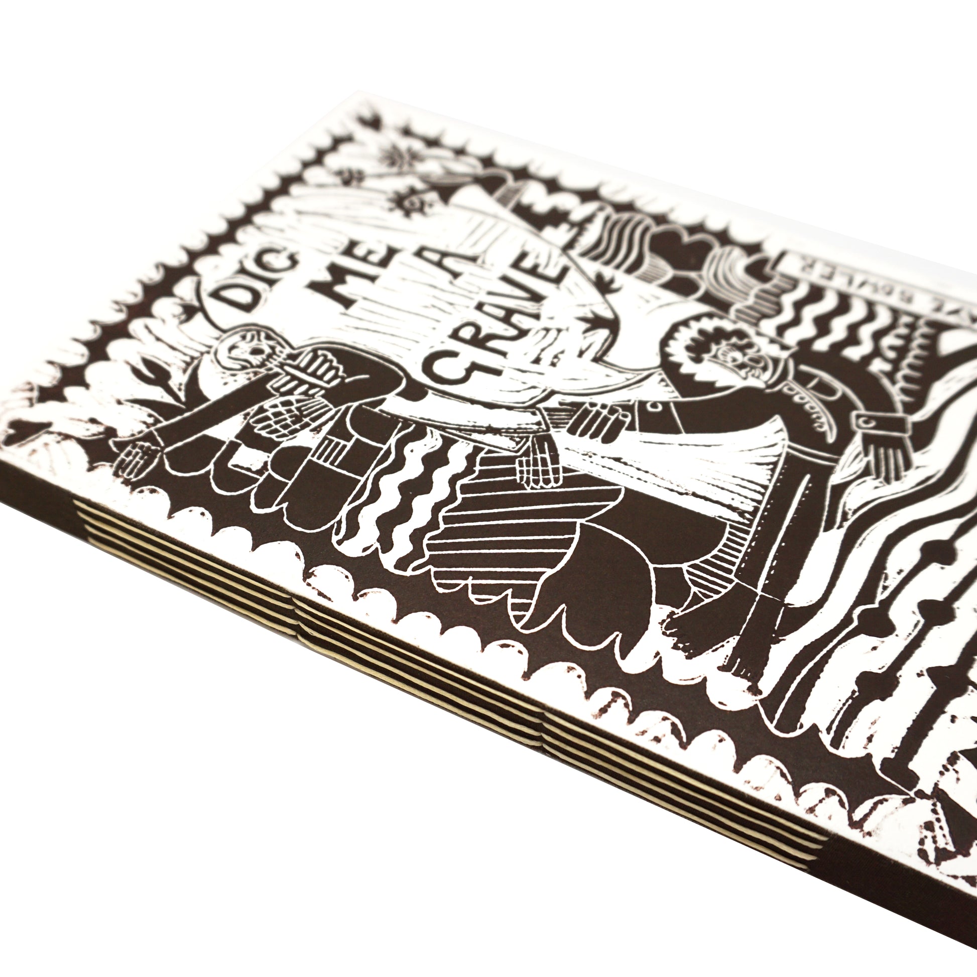 Cover of a handmade book with black and white design and text on a white background. The books spine is hand sewn.