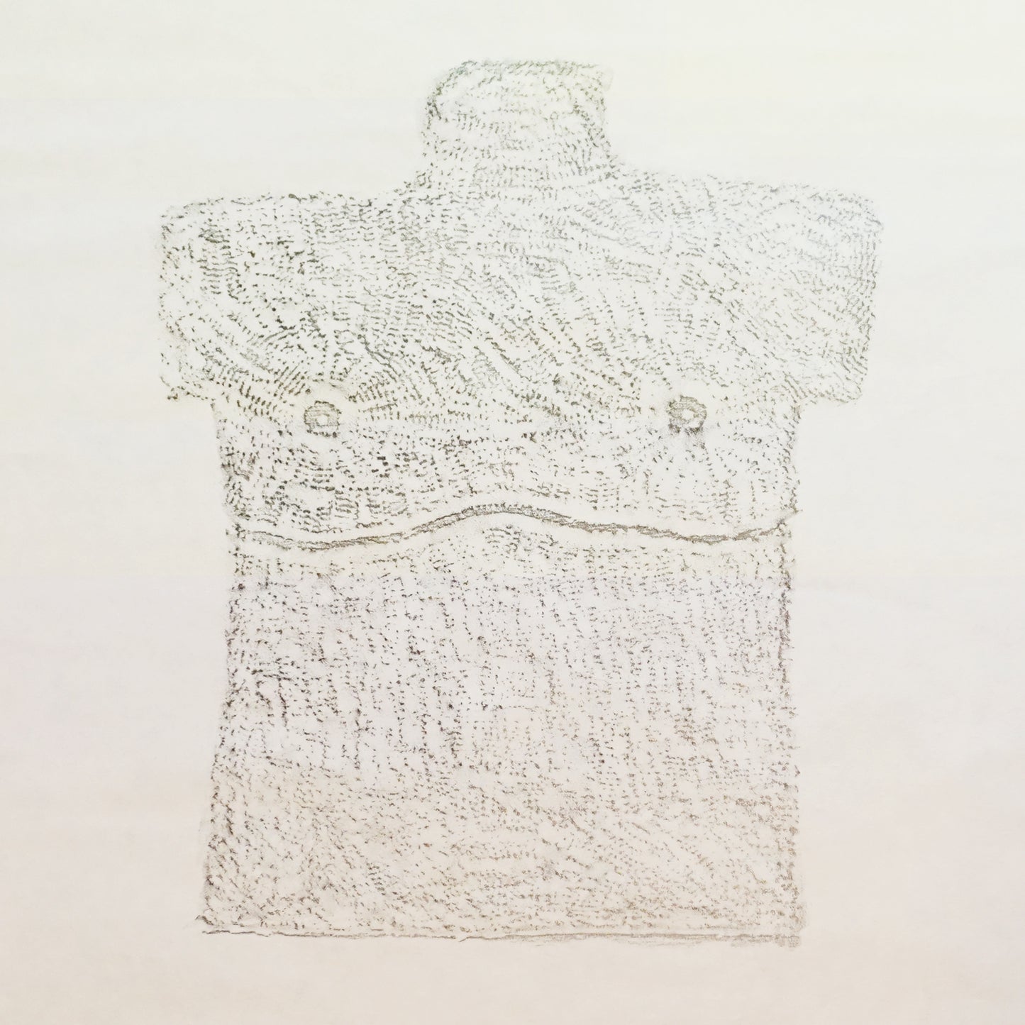 A detail of a rubbing taken from a stone sculpture showing details of surgery scars on a torso in the shape of a grave stone.