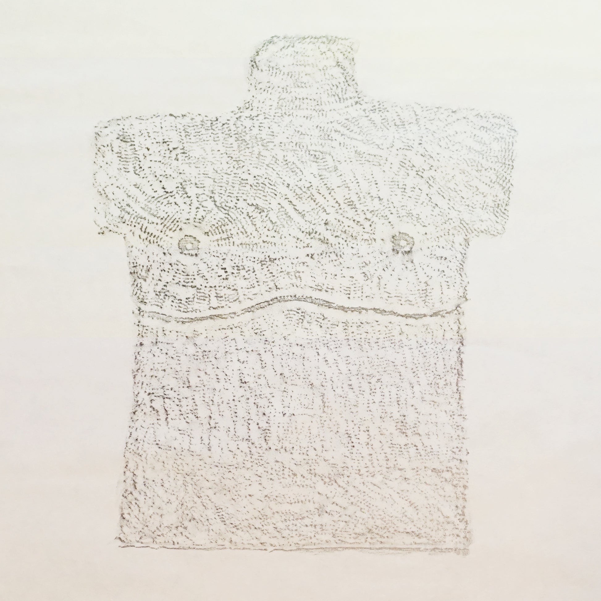 A detail of a rubbing taken from a stone sculpture showing details of surgery scars on a torso in the shape of a grave stone.