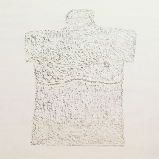 A detail of a rubbing taken from a stone sculpture showing details of surgery scars on a torso in the shape of a grave stone.