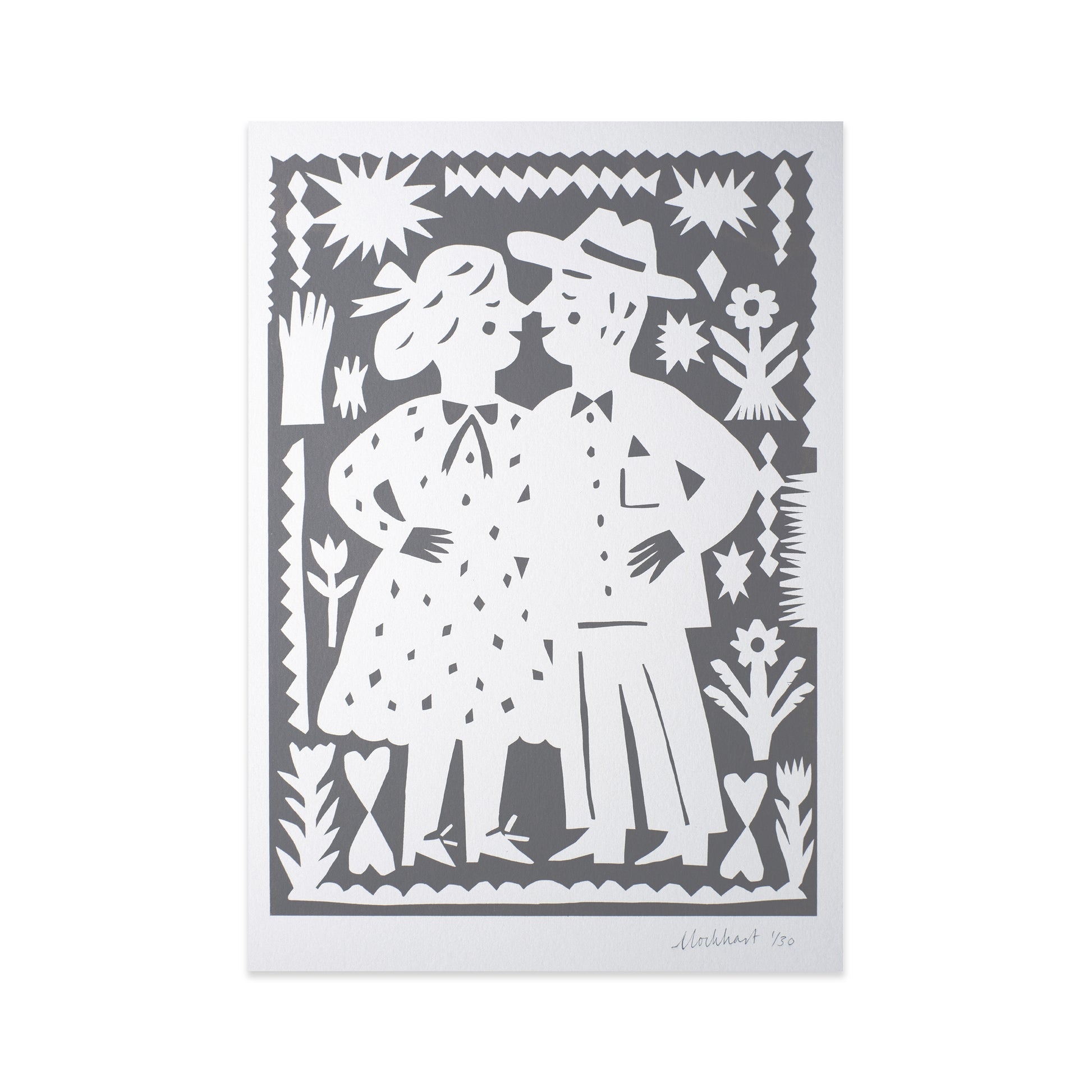 An artwork featuring a couple standing close together, surrounded by floral and geometric patterns. The figures are stylised, with the woman in a dotted dress and the man wearing a hat, both smiling.