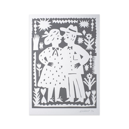 An artwork featuring a couple standing close together, surrounded by floral and geometric patterns. The figures are stylised, with the woman in a dotted dress and the man wearing a hat, both smiling.