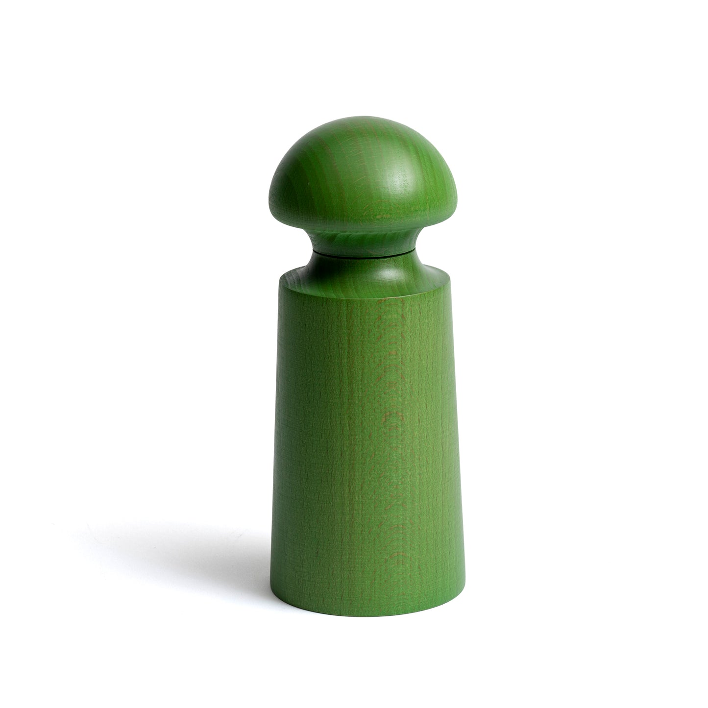 A green wooden pepper mill with a rounded top and a cylindrical body. The smooth finish highlights the wood grain, and the design is simple yet elegant, suitable for a modern kitchen or dining table.