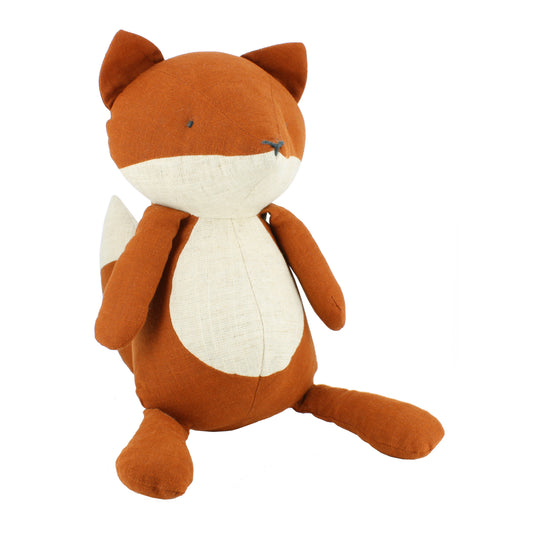 Plush fox toy in shades of orange and cream on a white background