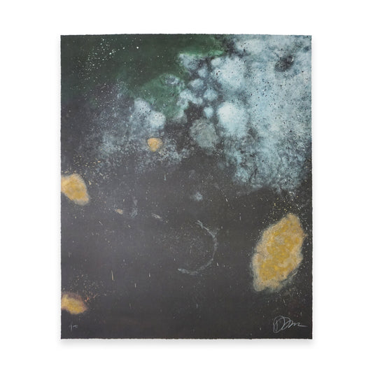 Abstract artwork featuring a dark background with splashes of green and white resembling clouds or mist. Yellow-orange patches are scattered across the canvas, creating a sense of depth and movement. The texture appears rough and layered.