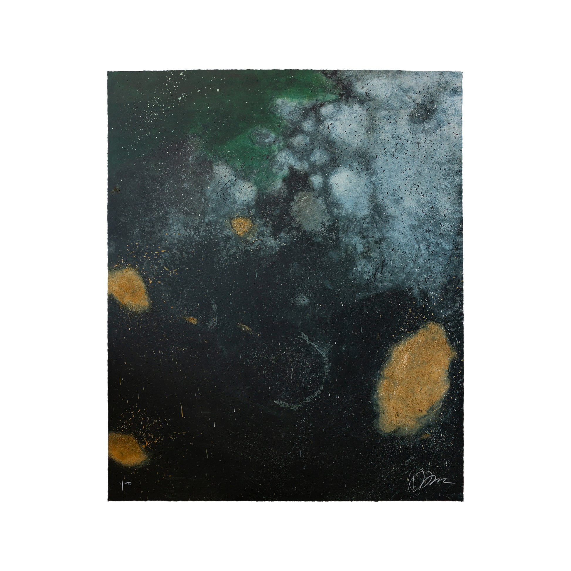 Abstract artwork featuring a dark background with splashes of green and white resembling clouds or mist. Yellow-orange patches are scattered across the canvas, creating a sense of depth and movement. The texture appears rough and layered.