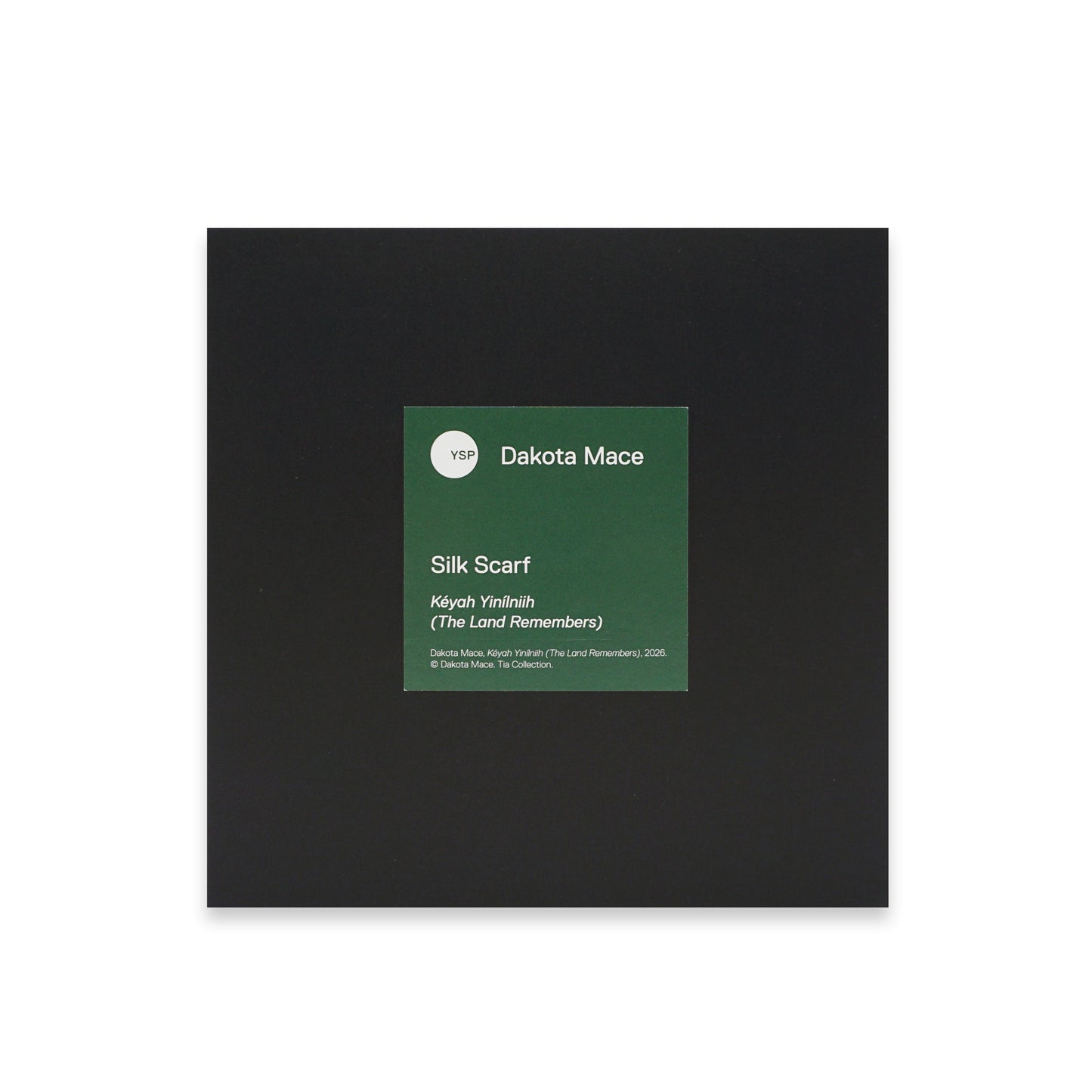 A square black box with a centered green label. The label reads 'Dakota Mace', 'Silk Scarf', and 'Kenyah Yinilnih (The Land Remembers)', with a small circular logo at the top left.