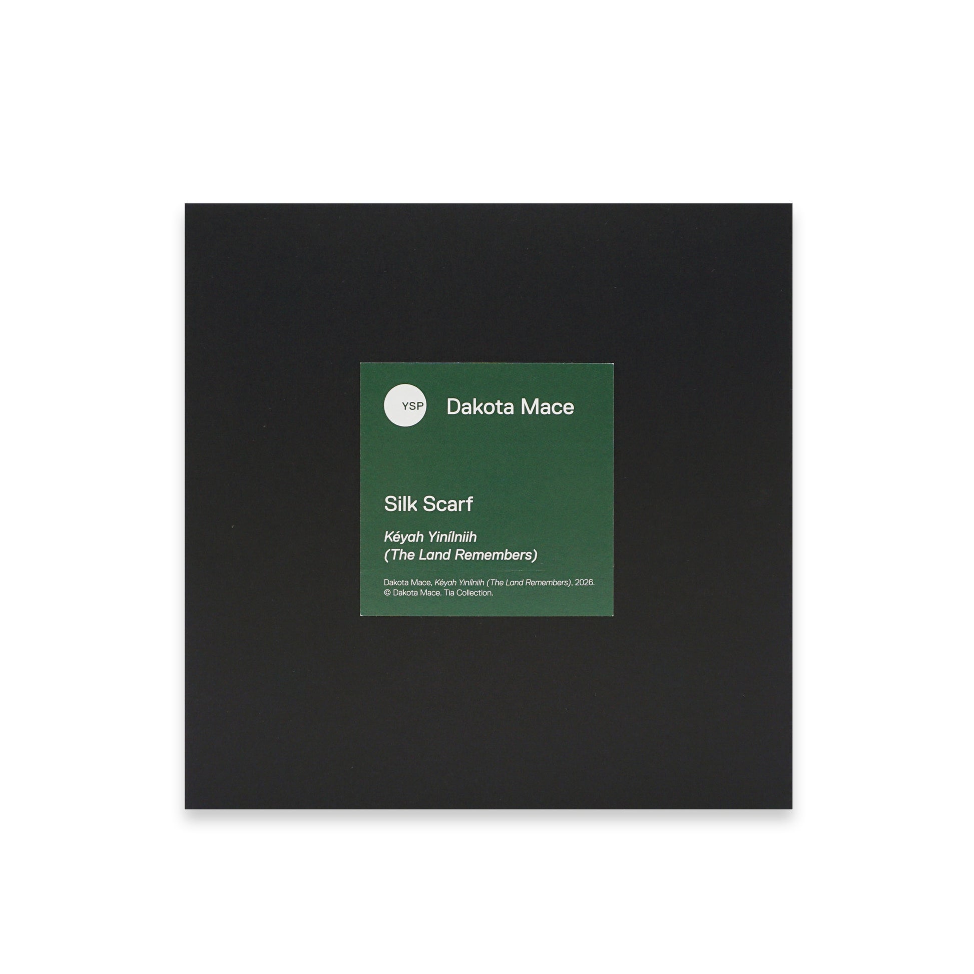 A square black box with a centered green label. The label reads 'Dakota Mace', 'Silk Scarf', and 'Kenyah Yinilnih (The Land Remembers)', with a small circular logo at the top left.