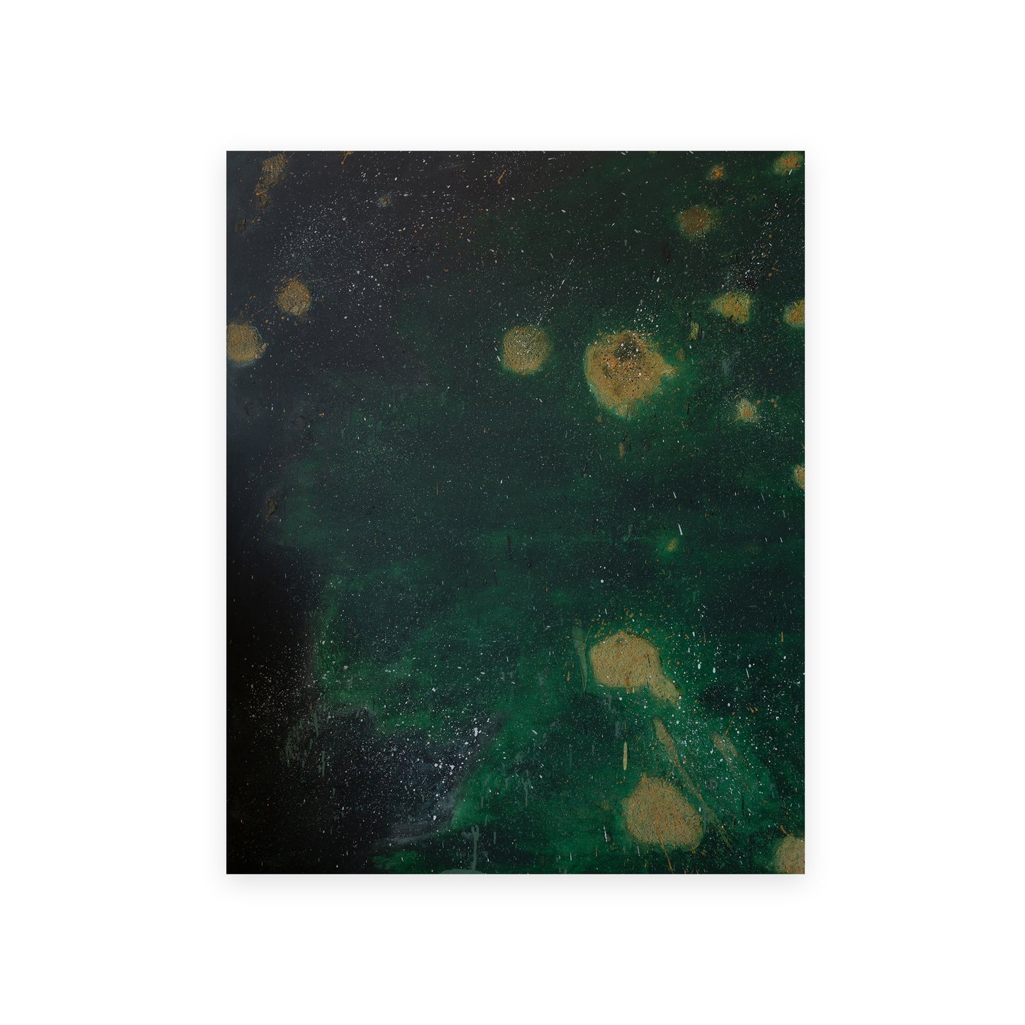 An abstract art print featuring a dark green and black background with organic splatters and textured spots in muted gold and olive tones, presented on a clean white background.