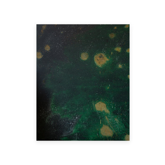 An abstract art print featuring a dark green and black background with organic splatters and textured spots in muted gold and olive tones, presented on a clean white background.