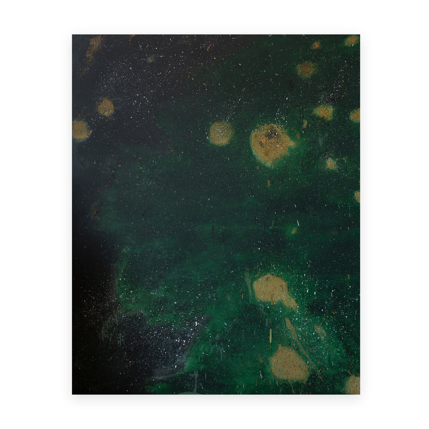 An abstract square artwork featuring a dark green and black marbled pattern with scattered gold and beige circular spots, presented against a white background.