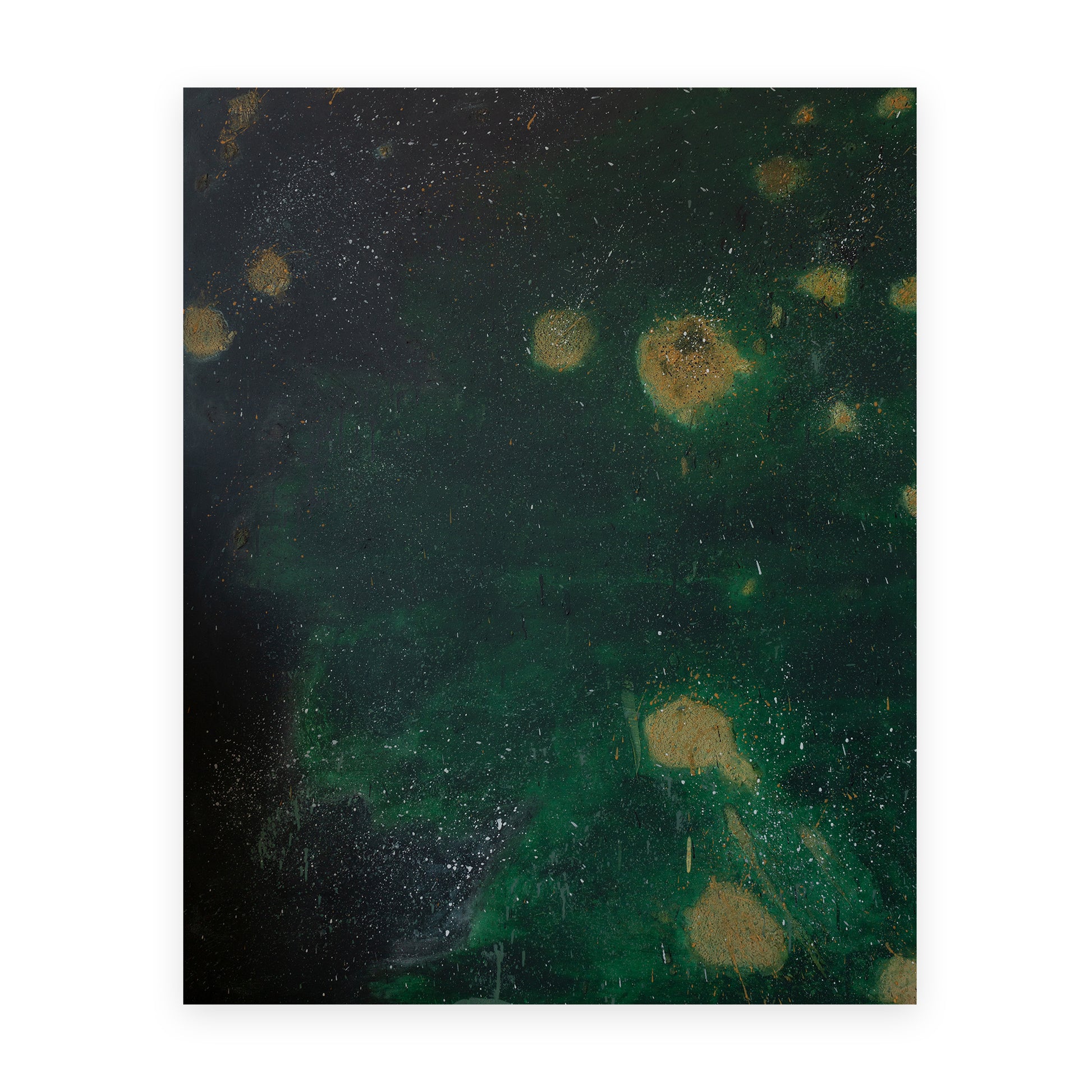An abstract square artwork featuring a dark green and black marbled pattern with scattered gold and beige circular spots, presented against a white background.
