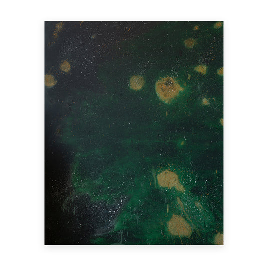An abstract square artwork featuring a dark green and black marbled pattern with scattered gold and beige circular spots, presented against a white background.