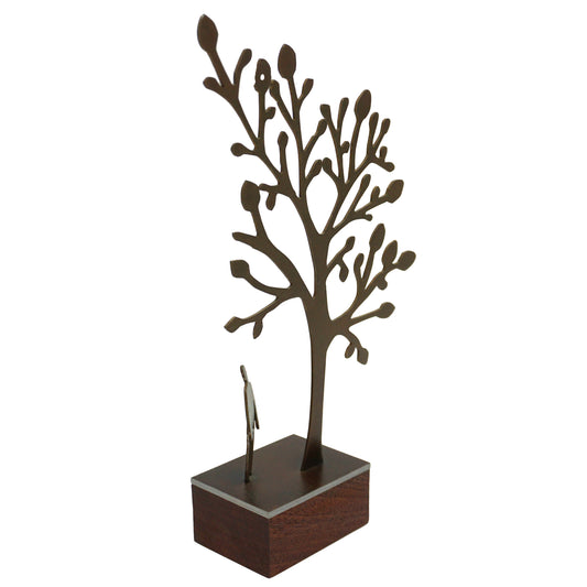 Metal tree sculpture on a wooden base