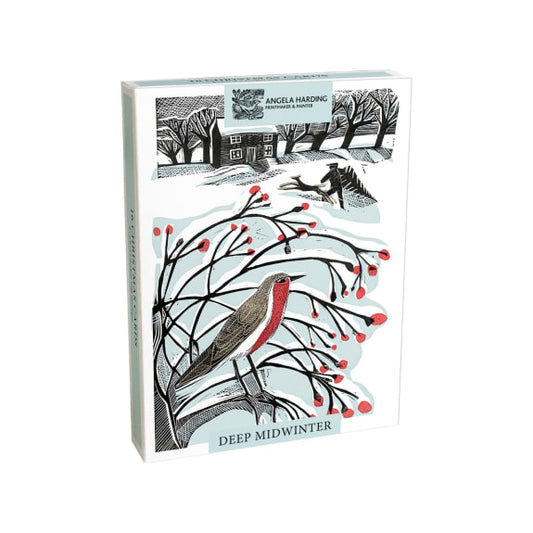 A boxed set of 16 Christmas cards and envelopes titled "Deep Midwinter" by Angela Harding, featuring a winter illustration with a bird, bare branches, red berries, and a house in black, white, and pale blue tones.