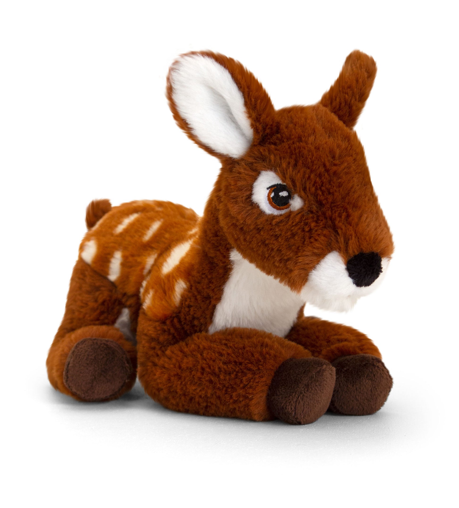 A soft, plush toy deer in a lying position. It has a brown body with white spots, large expressive eyes, and small ears. The toy's paws are brown, and it has a fluffy white belly, giving it a cute and cuddly appearance.