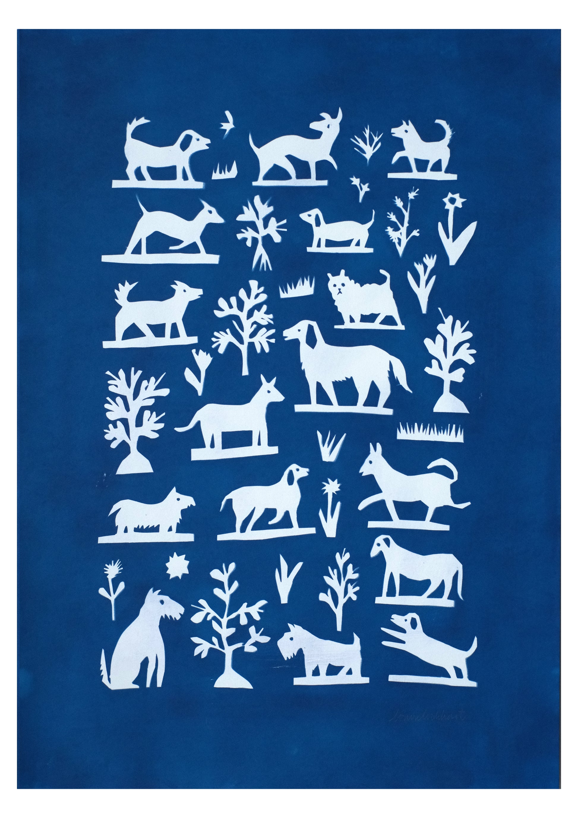 A blue background features a collage of white silhouettes depicting various dogs and trees. The designs are arranged in a grid pattern, showcasing playful and stylised representations of animals and nature.