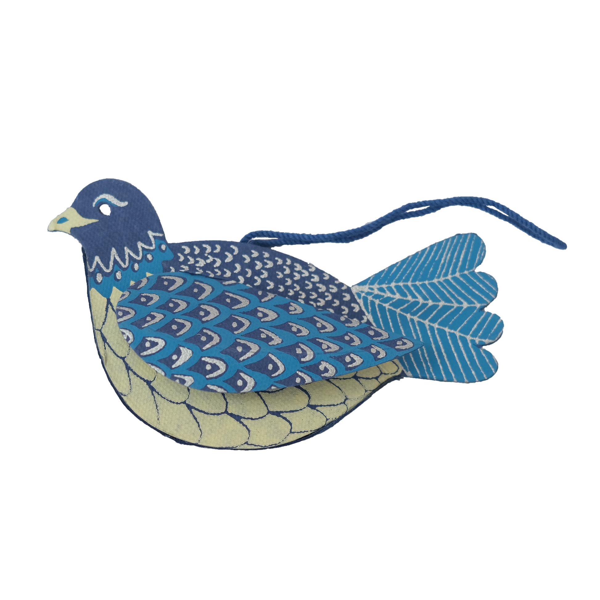 Decorative blue and beige bird ornament on a white background