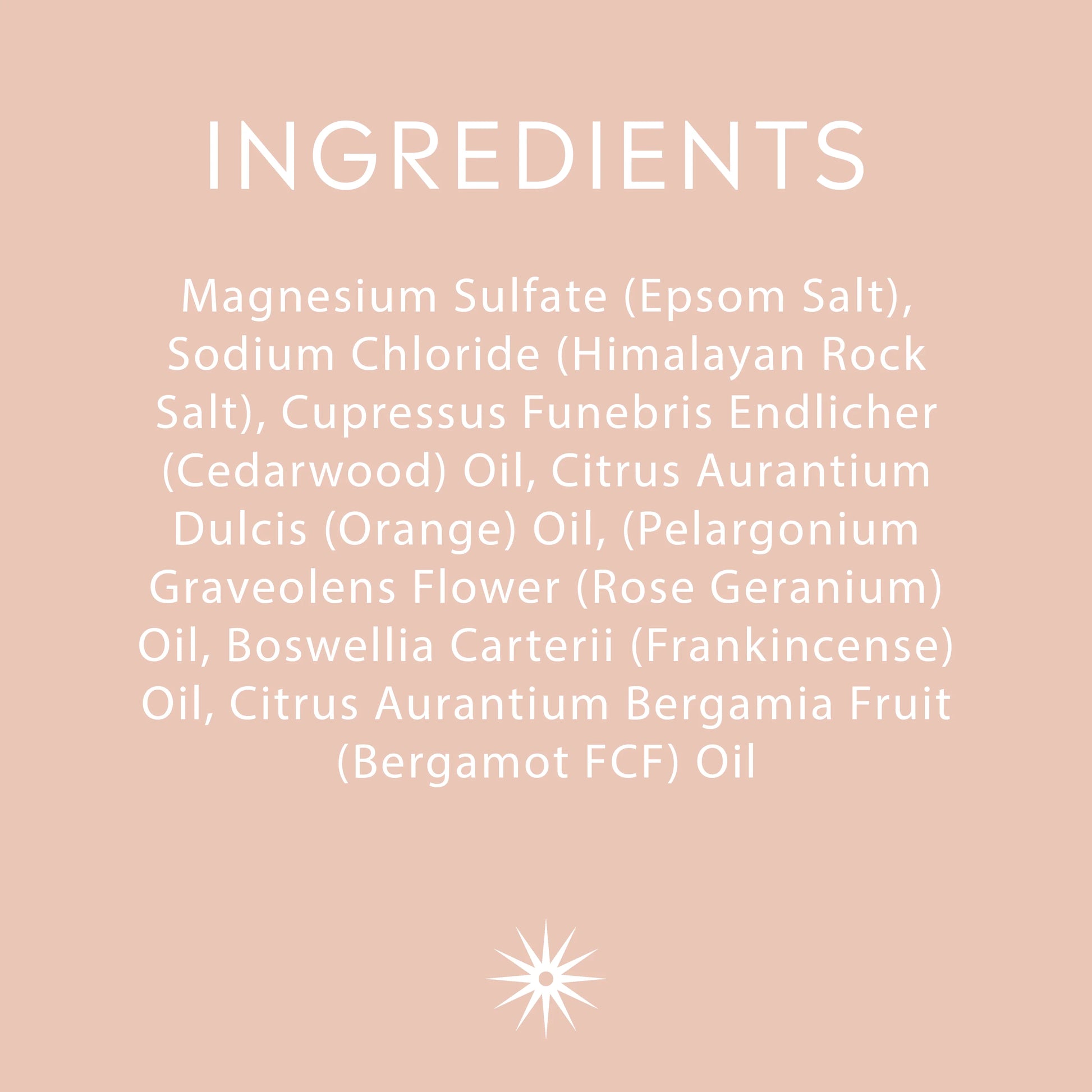 List of ingredients on a pink background with a star symbol.