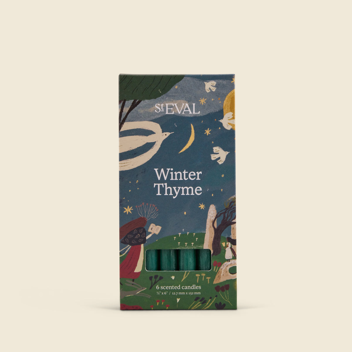St Eval Winter Thyme scented candle packaging box, featuring a dark blue and green winter-themed illustration with a window showing the green wax candles inside, set against a solid beige background.