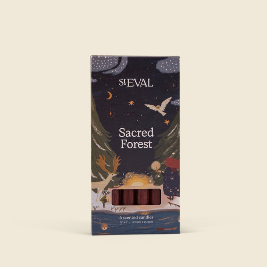 A boxed candle product labelled 'Sacred Forest' with illustrated forest and night-sky artwork, shown upright on a plain warm off-white background. A small window near the bottom reveals reddish-brown wax candles inside.