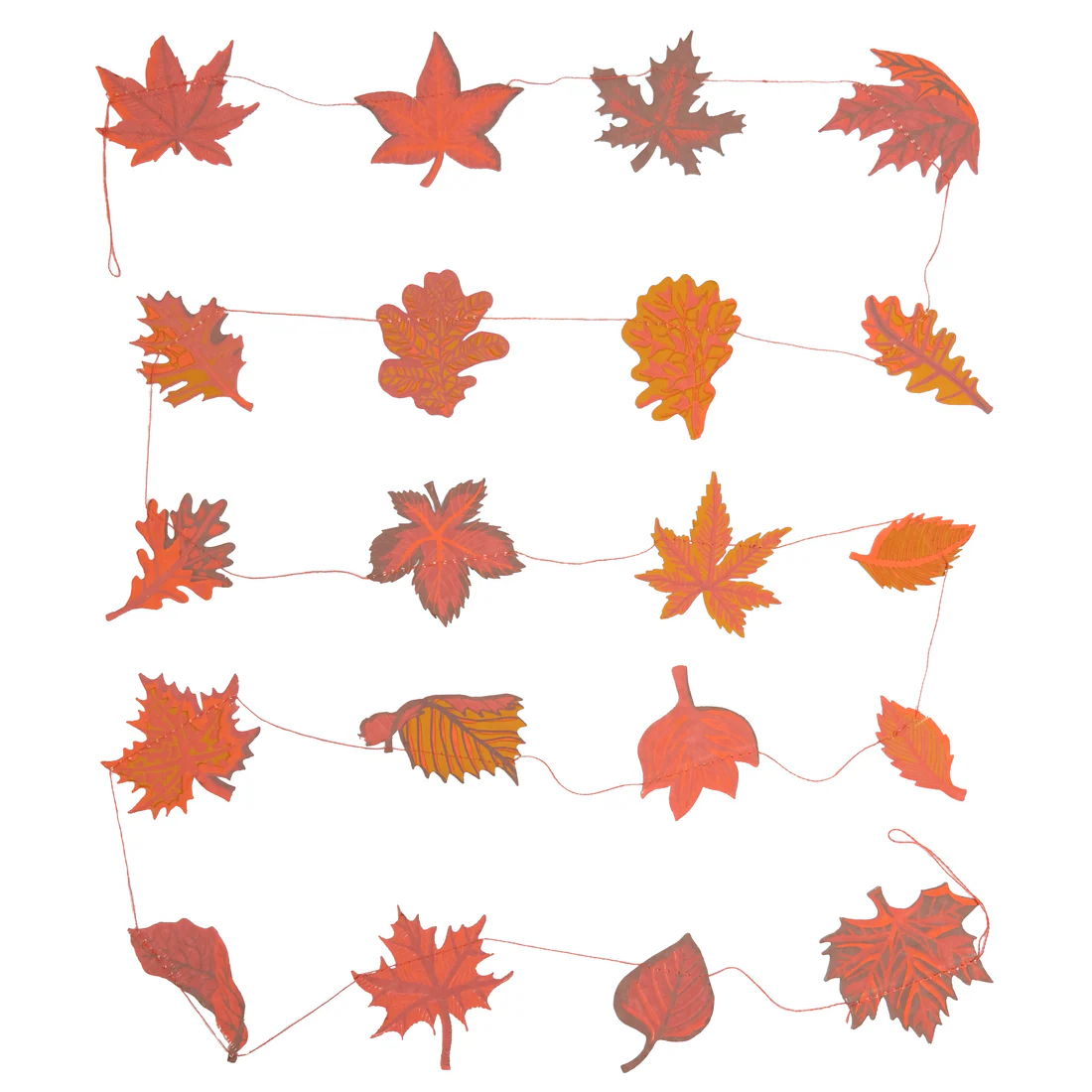 Decorative sewn garland with red and orange leaf patterns on a white background