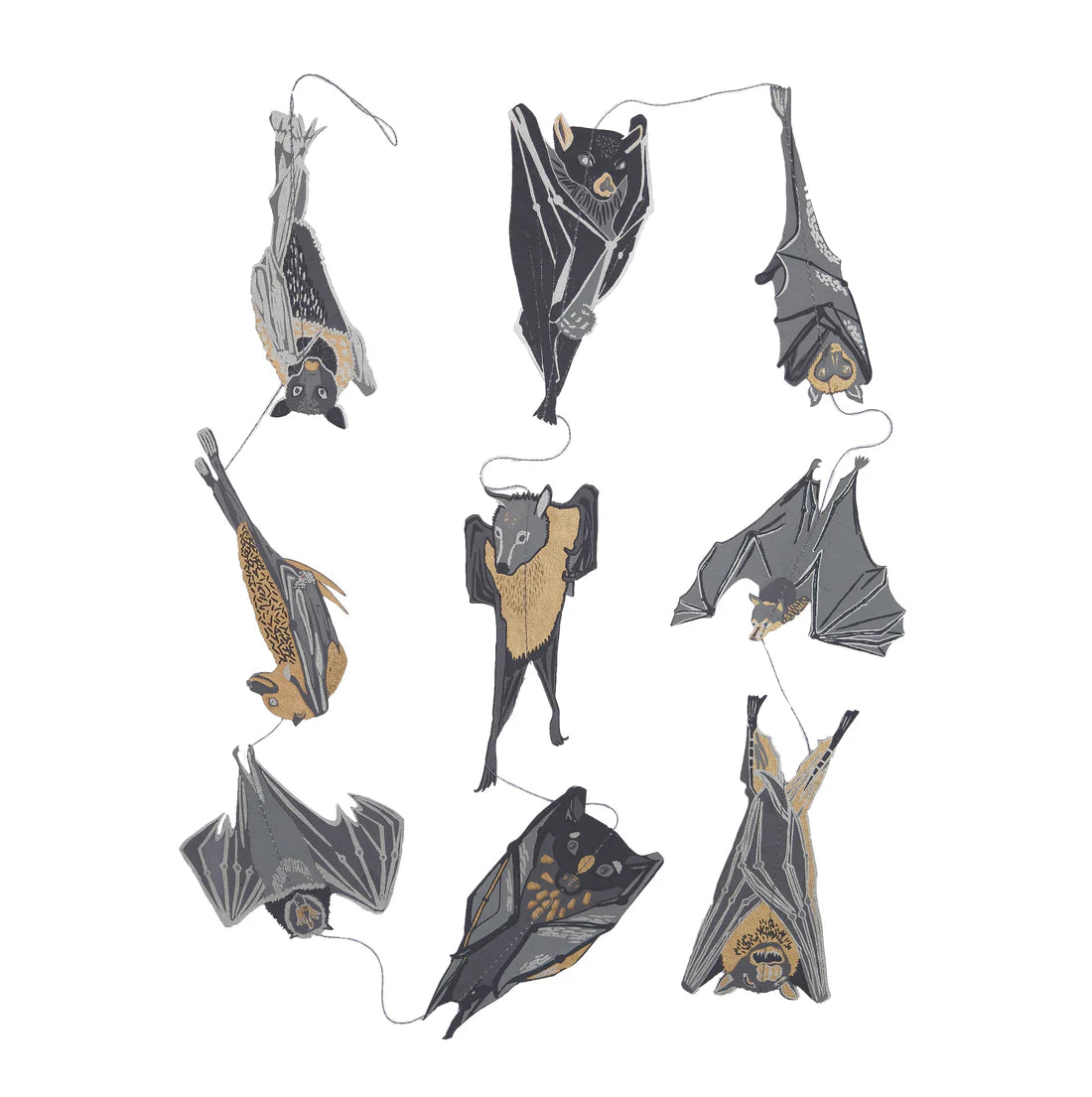 Decorative sewn garland with nine different bat-shaped paper ornaments on a white background