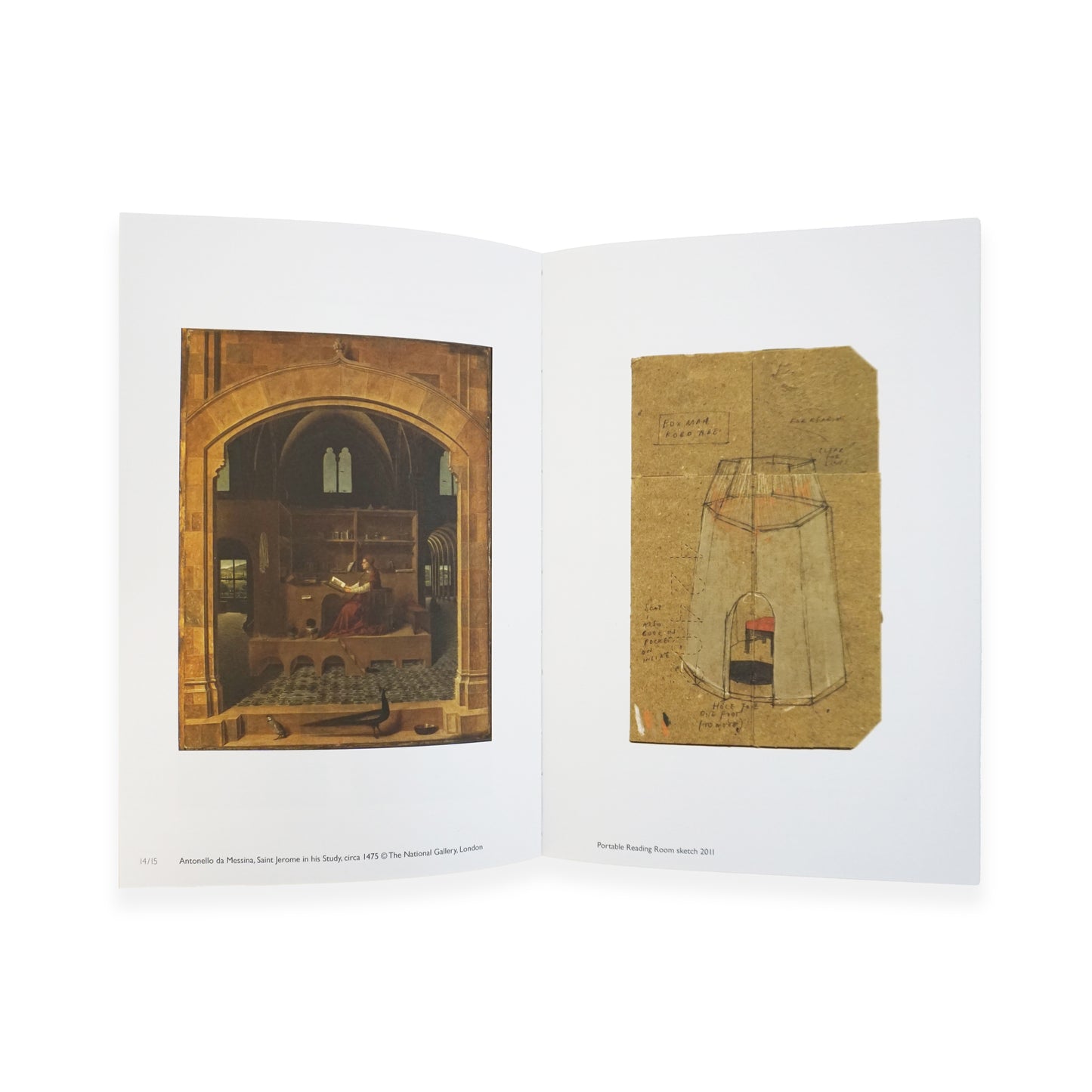 Open book showing two images: one of a room with an archway and another of a paper bag with text.