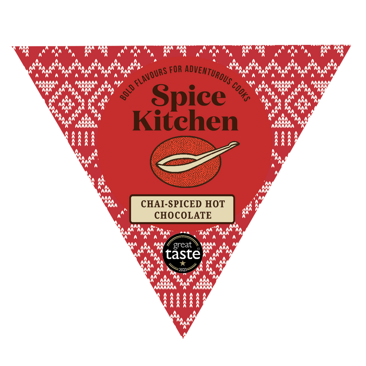 A red triangular Spice Kitchen product card for Chai-Spiced Hot Chocolate, featuring a white geometric pattern border, a central chocolate bowl illustration, and a Great Taste 2023 award badge at the bottom.