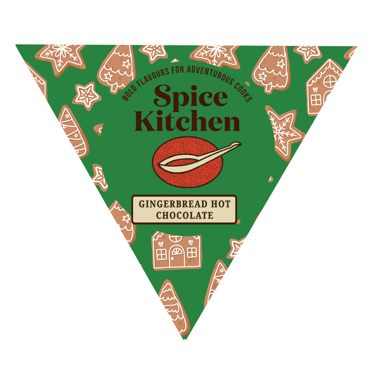 A triangular package design for Spice Kitchen Gingerbread Hot Chocolate, featuring a green background with gingerbread house and cookie illustrations, and the Spice Kitchen logo in the center.
