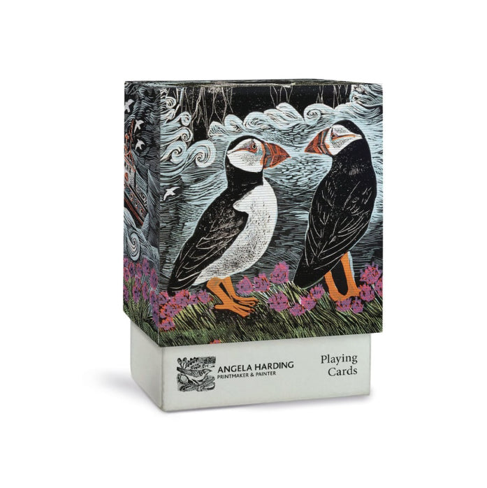 Angela Harding 'Puffins' playing cards deck in a square box with a detailed illustration of two puffins on the front, set against a plain white background.