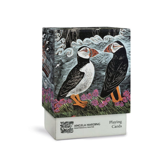 Angela Harding 'Puffins' playing cards deck in a square box with a detailed illustration of two puffins on the front, set against a plain white background.