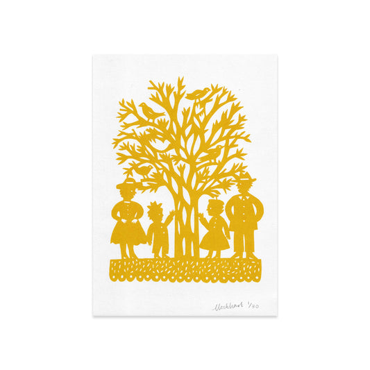 A vibrant yellow artwork depicting a tree with intricate branches and birds. Four figures stand beneath the tree: two adults and two children, all in traditional attire, surrounded by a decorative border. The artwork is signed and numbered.