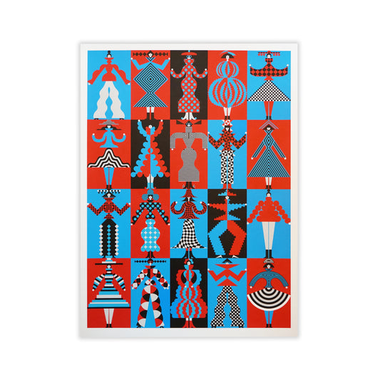 A vibrant artwork featuring a grid of stylised figures in bold red, blue, black, and white patterns. Each figure displays unique geometric designs, creating a dynamic and eye-catching composition that celebrates abstract forms and shapes.