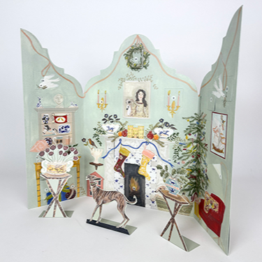 Decorative advent calendar with painted panels featuring various scenes and a small figurine on a white background