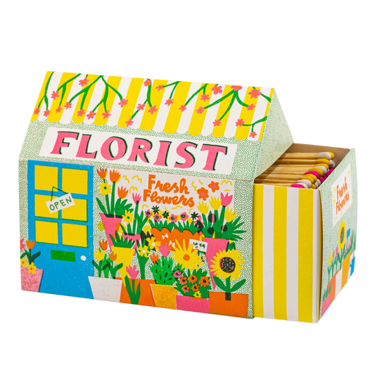 Colourful match box designed like a florist shop with flowers and 'Florist' text.