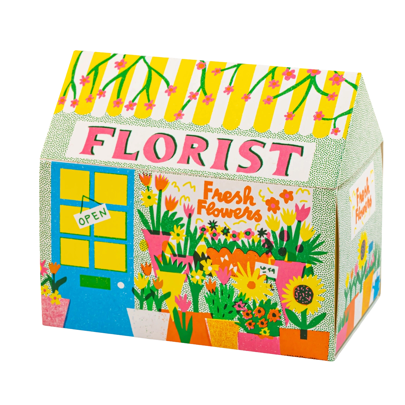 Colourful box designed like a florist shop with flowers and 'Florist' text.