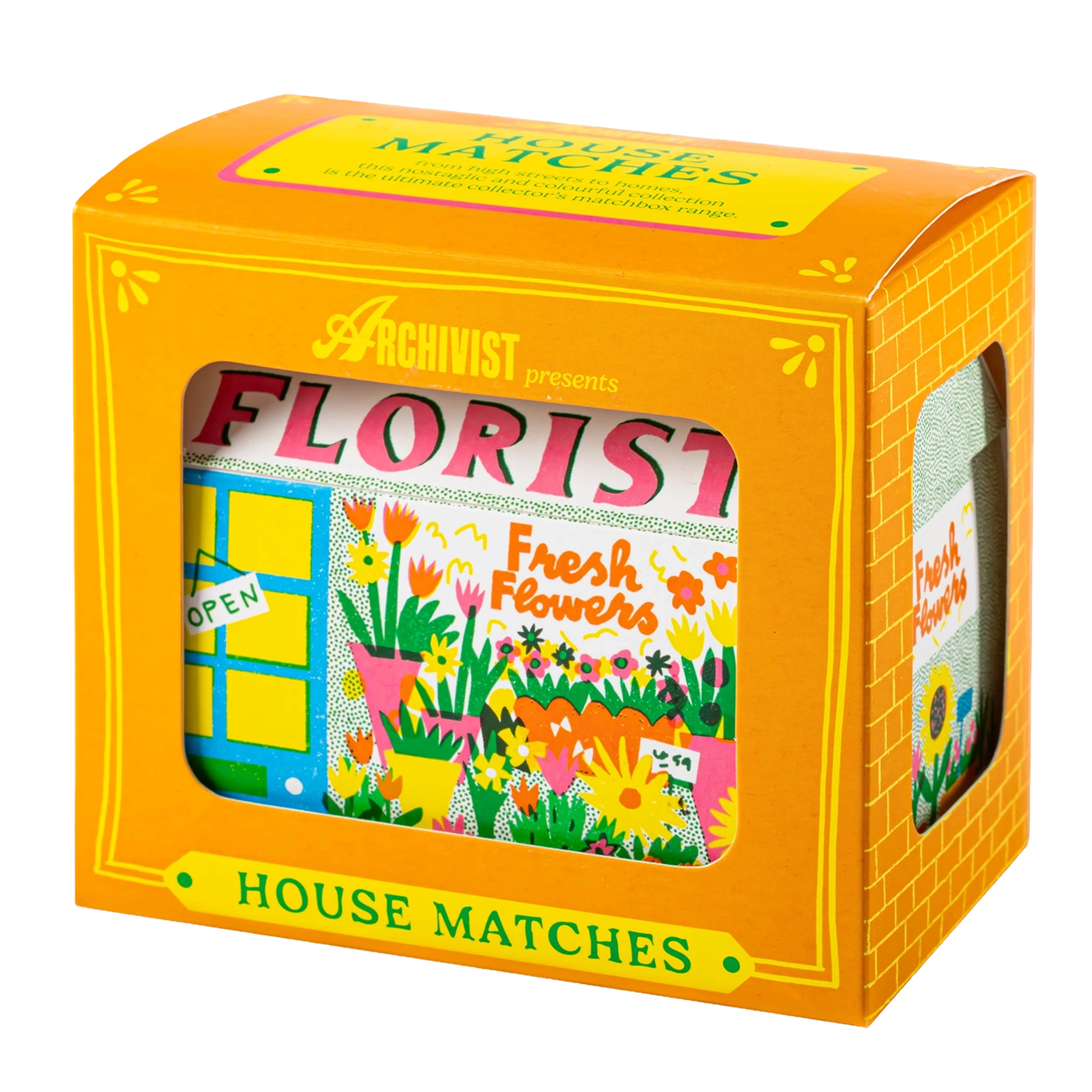 Archivist house matches packaging with colorful design and 'Florist' text on a white background