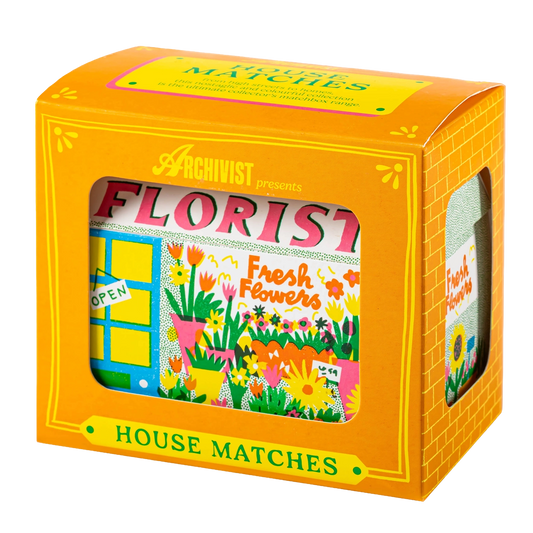 Archivist house matches packaging with colorful design and 'Florist' text on a white background
