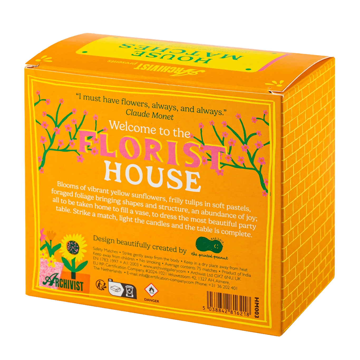 Florist House match box packaging with floral designs and text on a white background