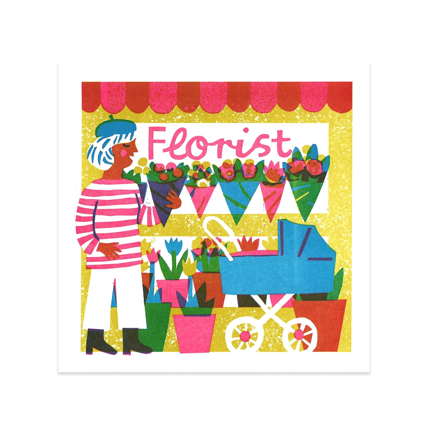 A vibrant illustration of a florist shop. A person in a striped shirt holds a bouquet, standing beside a blue pram filled with flowers. Colourful pots of plants are displayed in front of a bright yellow background with the word "Florist" above.