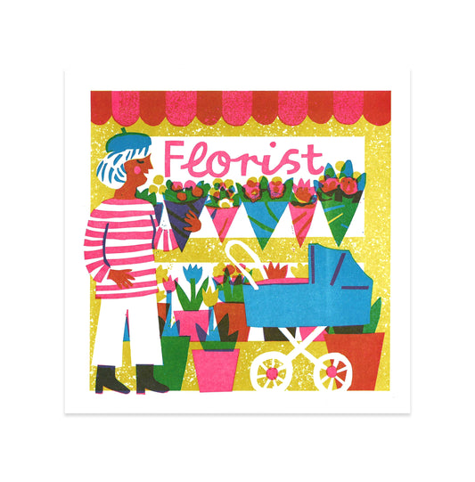 A vibrant illustration of a florist shop. A person in a striped shirt holds a bouquet, standing beside a blue pram filled with flowers. Colourful pots of plants are displayed in front of a bright yellow background with the word "Florist" above.